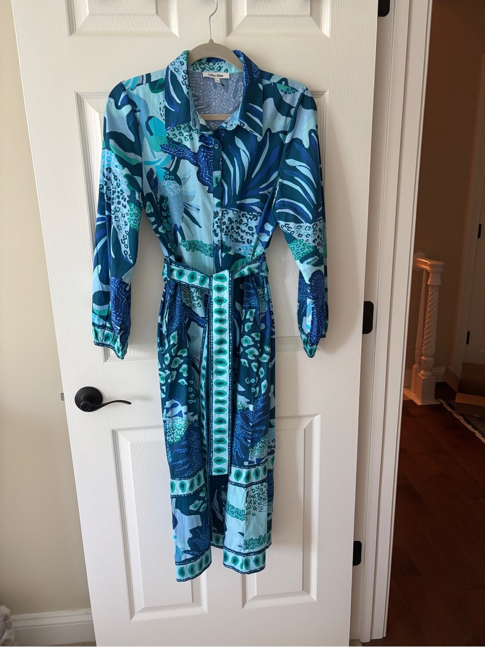 Celina Moon Vibrant Tropical Blue Abstract Print Shirt Dress